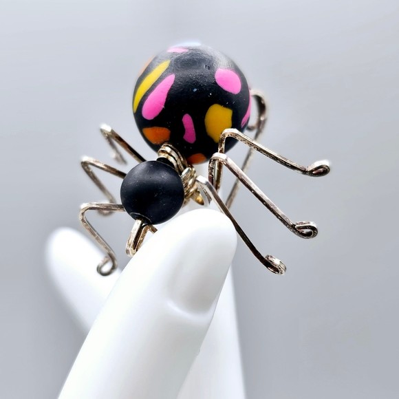 Vintage Spider Brooch 925 Sterling Silver Clay Halloween Black Widow - Picture 5 of 12
